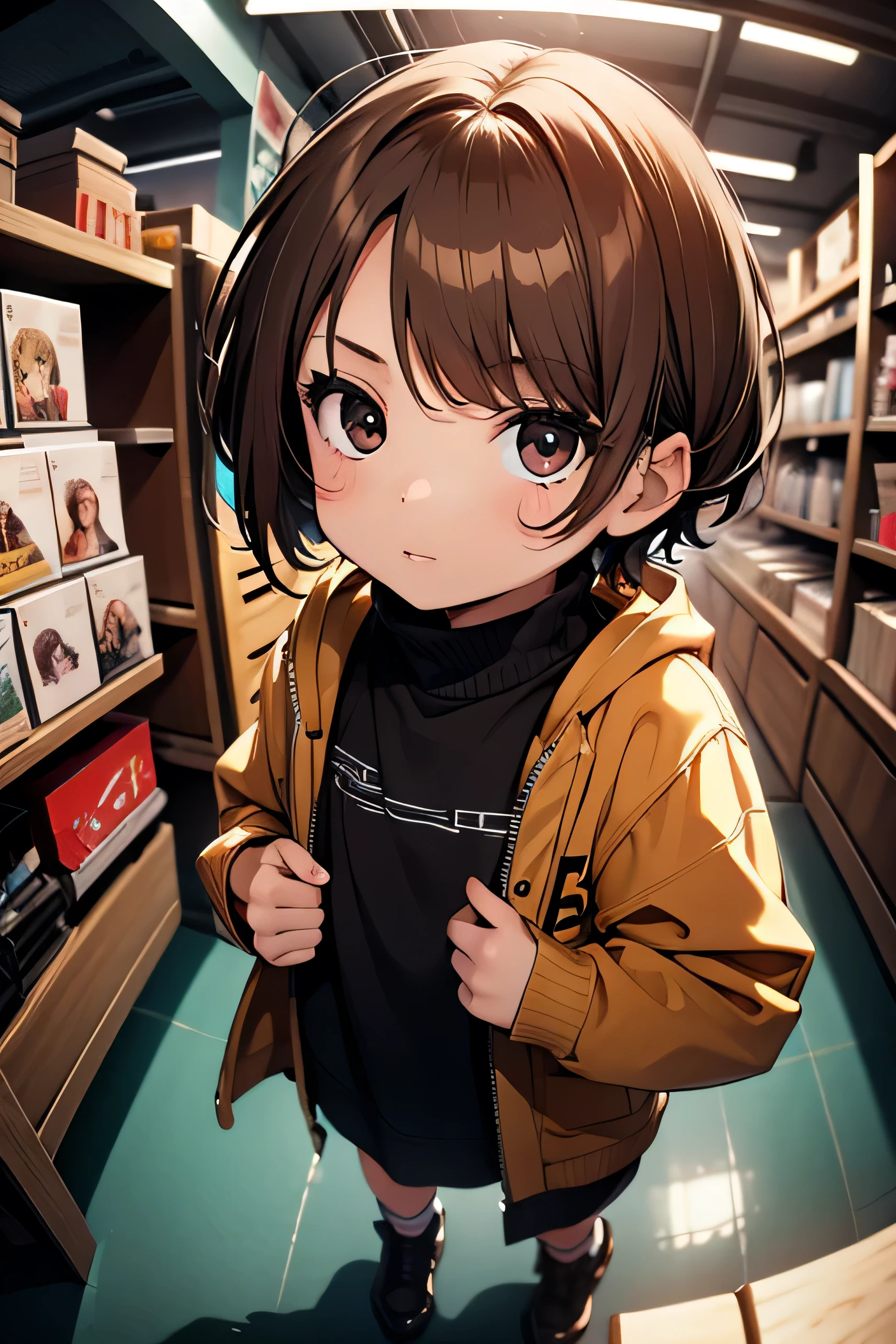 masterpiece, 4K, High resolution, Fisheye Lens, Short hair, Very small young girl, Brown Hair, Youth British Rock Style, baby face, Child&#39;s body shape, A very young woman wearing a white dress and wearing a helmet, sitting upright, 1girl, Alone, short hair, realistic, brown hair, looking at viewer