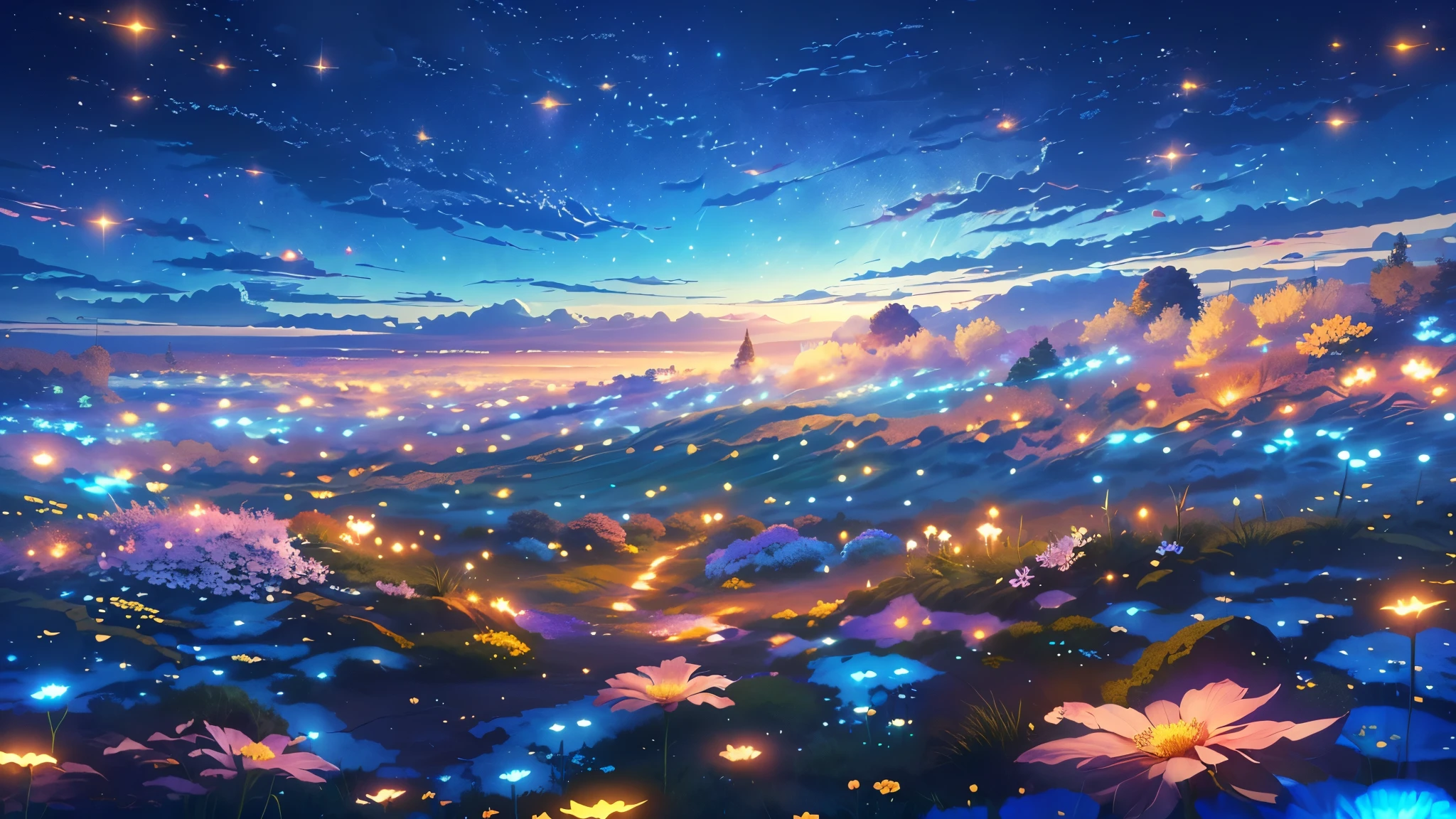 a field of many flowers with a sky background and a full moon, anime beautiful peace scene, colorful anime movie background, anime landscape wallpaper, beautiful anime scenery, anime background art, beautiful anime scene, anime art wallpaper 4 k, anime art wallpaper 4k, night sky full of flowers, field of fantasy flowers, anime art wallpaper 8 k, field of flowers at night