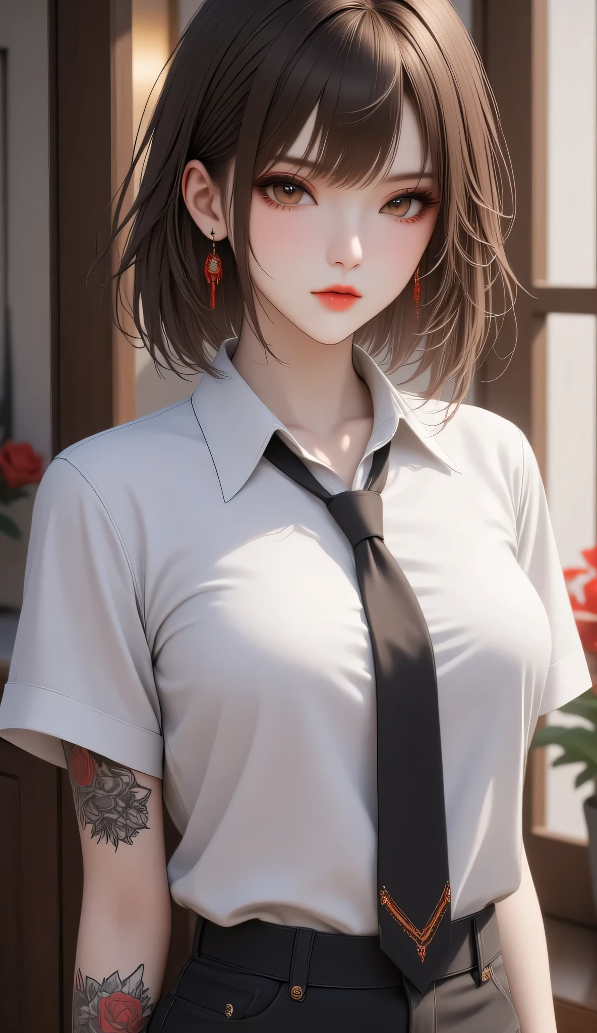 1girl, Shirt, collaredshirt, short sleeves, necktie, tattoos 