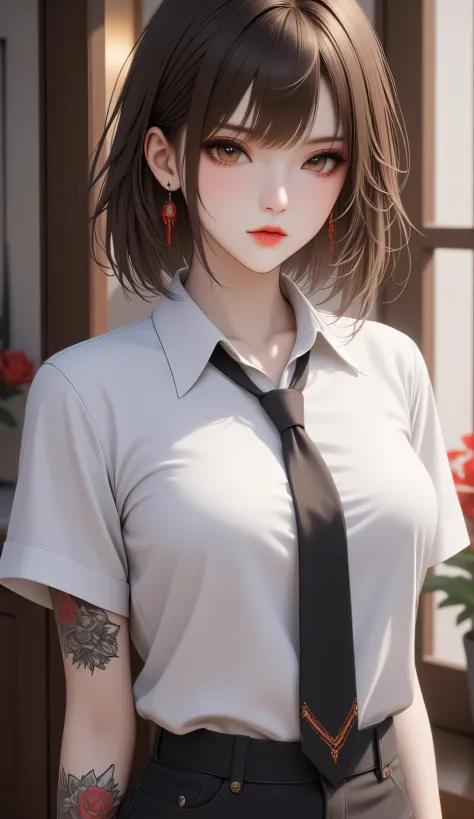 1girl, shirt, collaredshirt, short sleeves, necktie, tattoos