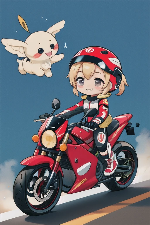 masterpiece,Best Quality,young ,Chibi,Small Motorcycle,smile,speed,motion lines,helmet,