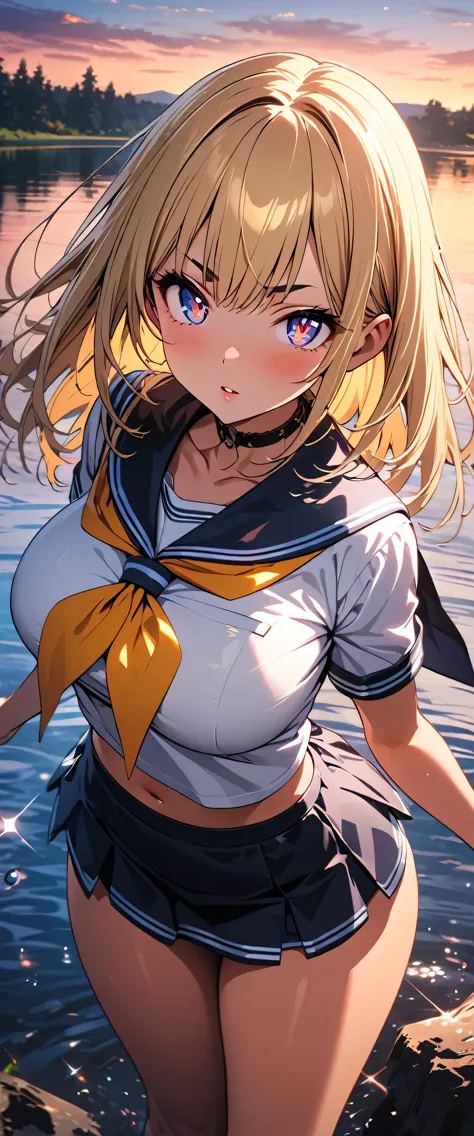 (beautiful girl: 1.3),1girl,masterpiece, Highest quality, Ultra-high resolution,rich contrast,super high quality,8k,Highly detailed CG unit wallpaper,texture,Incredibly absurd,Ultra-high resolution,RAW Photos,Highest quality anime,Depth of Field 1.2,(Blonde Hair),Ultra-detailed eyes,Glowing Skin,Glitter effect,Beautiful glossy lips,thick bluish eyeshadow, thin eyebrows, thick black eyeliner, Highlighted eyes with eyeliner, false eyelashes,(tanned skin:1.2),Detailed sailor uniform,mini skirt,(Large Breasts),Big Round Ass,lake,sunset,lakeの水に入っています