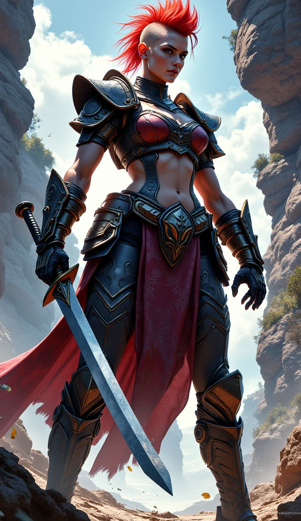 a woman barbarian with a mohawk hairstyle, redhead, wearing a minimal leather suit, holding a long two-handed sword, detailed fantasy movie poster, immersive background, toned color palette, (best quality,4k,8k,highres,masterpiece:1.2),ultra-detailed,(realistic,photorealistic,photo-realistic:1.37),HDR,studio lighting,extremely detailed description,professional,vivid colors,fantasy,concept art