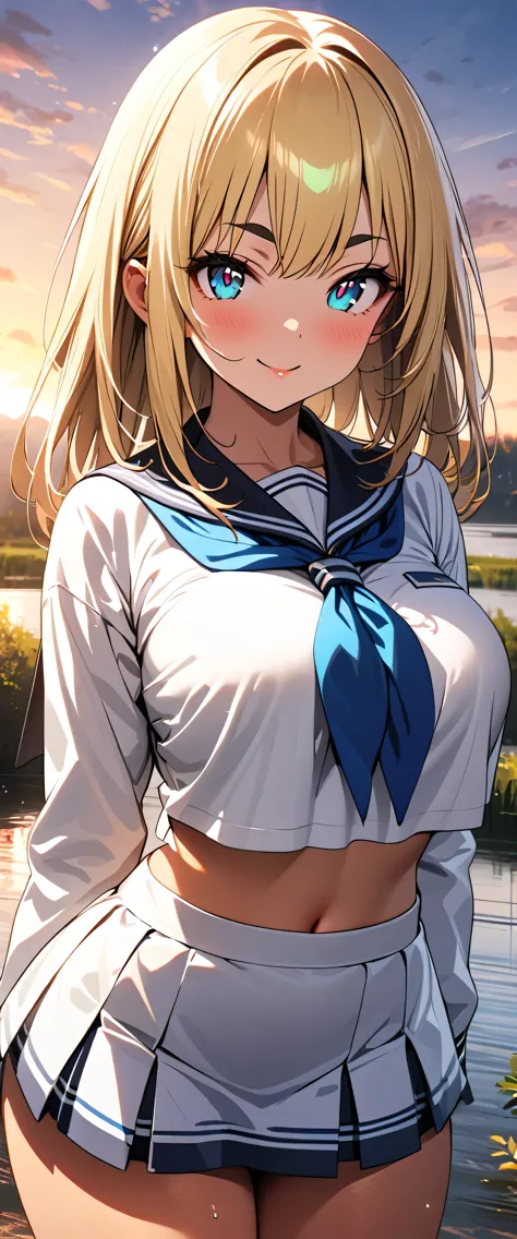 (beautiful girl: 1.3),1girl,masterpiece, Highest quality, Ultra-high resolution,rich contrast,super high quality,8k,Highly detailed CG unit wallpaper,texture,Incredibly absurd,Ultra-high resolution,RAW Photos,Highest quality anime,Depth of Field 1.2,(Blonde Hair),Ultra-detailed eyes,Glowing Skin,Glitter effect,Beautiful glossy lips,thick bluish eyeshadow, thin eyebrows, thick black eyeliner, Highlighted eyes with eyeliner, false eyelashes,,(tanned skin:1.2),Detailed sailor uniform,mini skirt,Large Breasts),(Big Round Ass),lake,sunset,Very smiling