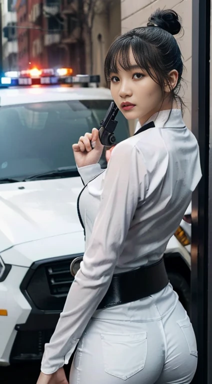 ((Best Quality, 8k, masterpiece: 1.3)), sharp: 1.2, Perfect Body Beauty: 1.4, Slim Abs: 1.2, ((live-action,High image quality、photograph:1.4)), (Wet white button long shirt: 1.1), (Bulletproof Police Car, street: 1.2), Wet: 1.5, Highly detailed face and skin texture, Big double eyelids, Detailed Description, High nose, Looking into the camera, Police uniform, Tall Person, Police Badge, ((Black bulletproof vest, wireless, Detailed Weapons、Heavily armed with a black belt in pistol))、 Fully Armed, White pants, Tight pants、special forces, agent、(((Sexy back view、Small round ass、Very long legs、The butt is sticking out、Right behind、control、Patrol、タイトなWhite pants、A lot of equipment for a black belt、、Machine gun、leather boots, He has a gun、Arrest of the perpetrator、Gunfight、Composition with a police car)))、ponytail、