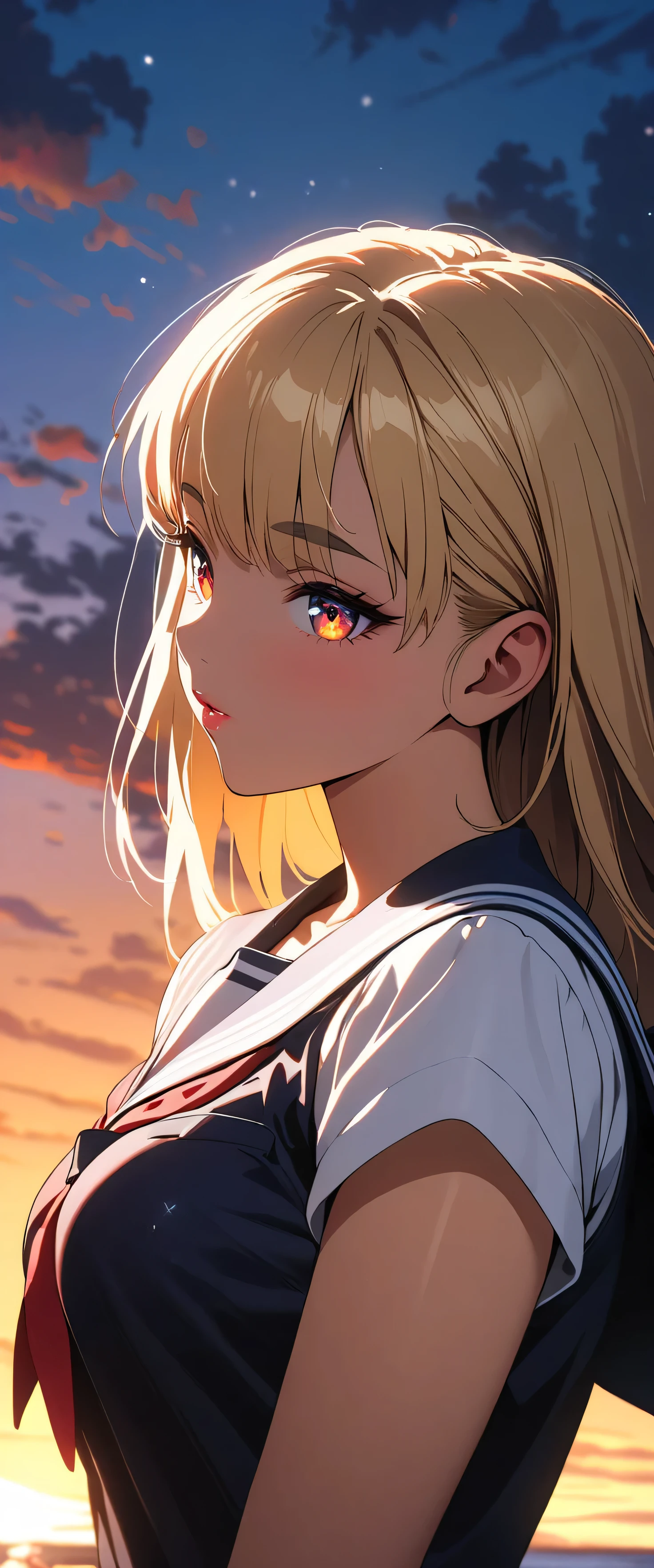 (beautiful girl: 1.3),1girl,masterpiece, Highest quality, Ultra-high resolution,rich contrast,super high quality,8k,Highly detailed CG unit wallpaper,texture,Incredibly absurd,Ultra-high resolution,RAW Photos,Highest quality anime,Depth of Field 1.2,(Blonde Hair),Ultra-detailed eyes,Glowing Skin,Glitter effect,Beautiful glossy lips,thick bluish eyeshadow,thin eyebrows,thick black eyeliner,Highlighted eyes with eyeliner,false eyelashes,(tanned skin:1.2),Sailor suit,mini skirt,(Large Breasts),Big Round Ass,lake,sunset,lakeの水に入っています,1boy,Male college student,(((Kiss)))