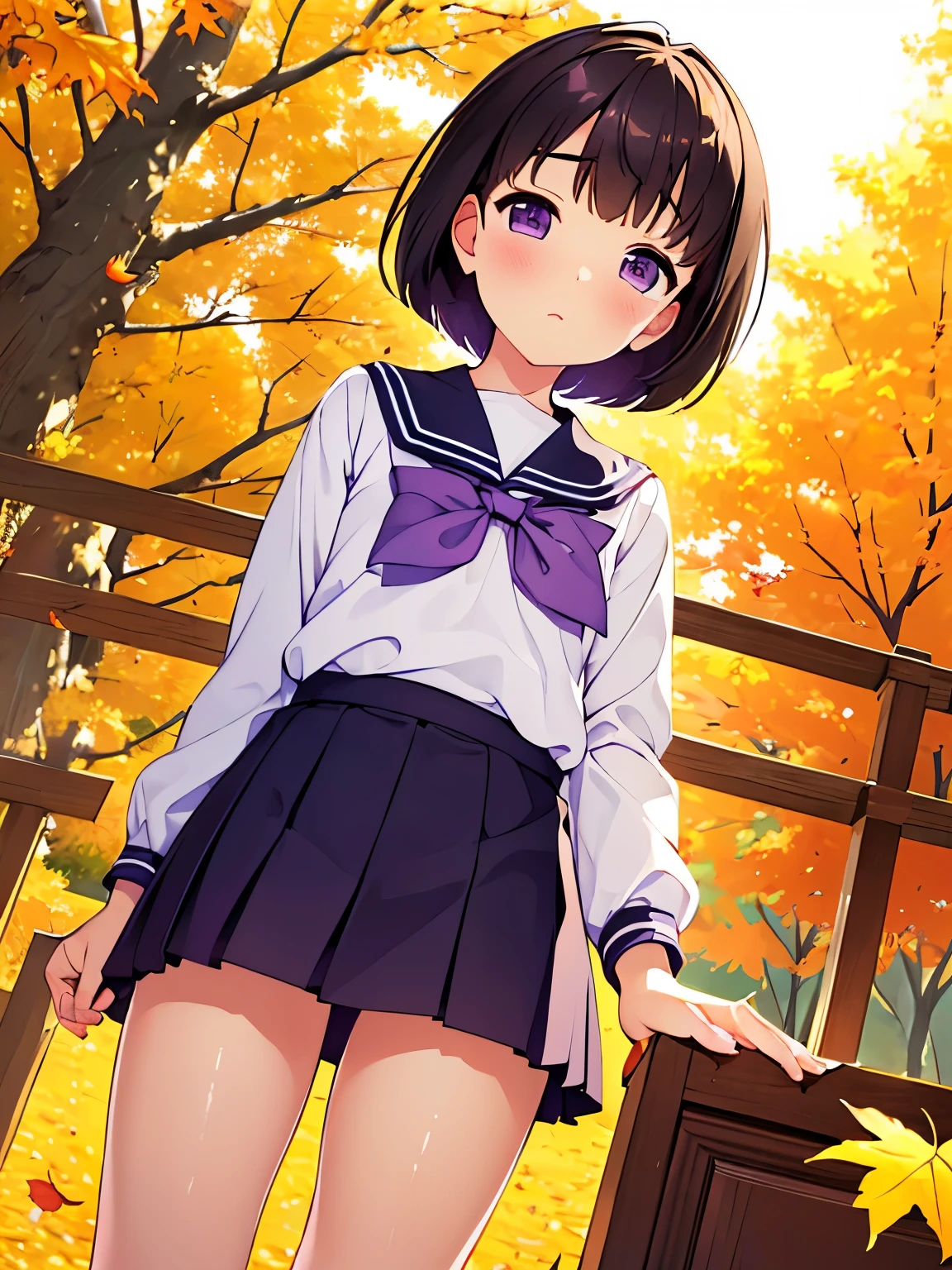 (High image quality), (masterpiece), (Very detailed), , (Very flat chest), Brown short hair, Purple eyes, Embarrassed face, (Primary school students), Show me your slim thighs, In the schoolyard in autumn, sunny, autumn leaves，Camera angle from below, Adorable eyes, (Elementary school uniform)，