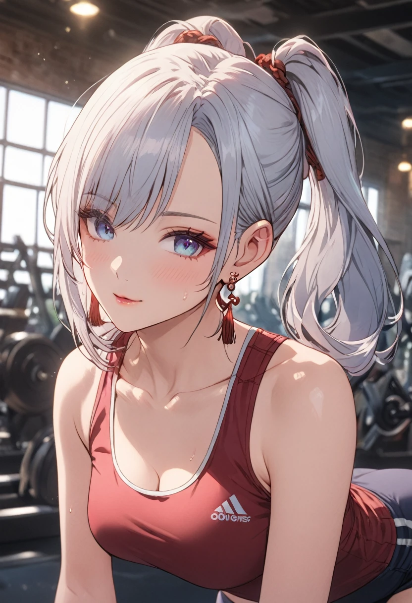 ood hand, 4k, 1girl, ) a RAW portrait of a girl working out in the gym), perspiring, sweating, high resolution, masterpiece, best quality, head: 1.3, (Korean K-pop idol), chunli, twin tails, extremely cute and finely detailed skin, sharp focus, (cinematic lighting), collarbone, soft lighting, dynamic angle, [:(detailed face: 1.2): 0.2], thigh space, slim body, ((medium breasts)), full body, ((gym attire)), (gym shorts), tank top, gym background, gym equipment, (anime, official_art: 1.1), (anime screenshot: 1.1), (1girl, solo focus: 1.2), (fisheye: 0.9), ray tracing: 0.5, depth of field: 1.0, bokeh: 0.6, god rays: 1.0, vivid colors: 0.8, Cinematic hard lighting: 0.7, Realistic shadows: 1.2,shenhe, blue eyes, braided ponytail, earrings, eyelashes, eyeliner, eyes visible through hair, eyeshadow, hair between eyes, makeup, red eyeshadow, sidelocks, single earring, symbol-shaped pupils, tassel, tassel earrings, white hair, long hair,