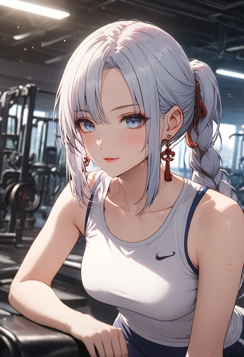 ood hand, 4k, 1girl, ) a RAW portrait of a girl working out in the gym), perspiring, sweating, high resolution, masterpiece, best quality, head: 1.3, (Korean K-pop idol), chunli, twin tails, extremely cute and finely detailed skin, sharp focus, (cinematic lighting), collarbone, soft lighting, dynamic angle, [:(detailed face: 1.2): 0.2], thigh space, slim body, ((medium breasts)), full body, ((gym attire)), (gym shorts), tank top, gym background, gym equipment, (anime, official_art: 1.1), (anime screenshot: 1.1), (1girl, solo focus: 1.2), (fisheye: 0.9), ray tracing: 0.5, depth of field: 1.0, bokeh: 0.6, god rays: 1.0, vivid colors: 0.8, Cinematic hard lighting: 0.7, Realistic shadows: 1.2,shenhe, blue eyes, braided ponytail, earrings, eyelashes, eyeliner, eyes visible through hair, eyeshadow, hair between eyes, makeup, red eyeshadow, sidelocks, single earring, symbol-shaped pupils, tassel, tassel earrings, white hair, long hair,