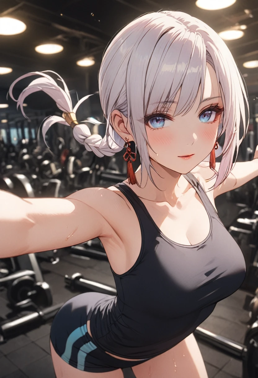 ood hand, 4k, 1girl, ) a RAW portrait of a girl working out in the gym), perspiring, sweating, high resolution, masterpiece, best quality, head: 1.3, (Korean K-pop idol), chunli, twin tails, extremely cute and finely detailed skin, sharp focus, (cinematic lighting), collarbone, soft lighting, dynamic angle, [:(detailed face: 1.2): 0.2], thigh space, slim body, ((medium breasts)), full body, ((gym attire)), (gym shorts), tank top, gym background, gym equipment, (anime, official_art: 1.1), (anime screenshot: 1.1), (1girl, solo focus: 1.2), (fisheye: 0.9), ray tracing: 0.5, depth of field: 1.0, bokeh: 0.6, god rays: 1.0, vivid colors: 0.8, Cinematic hard lighting: 0.7, Realistic shadows: 1.2,shenhe, blue eyes, braided ponytail, earrings, eyelashes, eyeliner, eyes visible through hair, eyeshadow, hair between eyes, makeup, red eyeshadow, sidelocks, single earring, symbol-shaped pupils, tassel, tassel earrings, white hair, long hair,