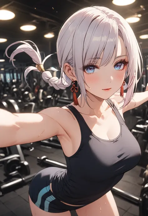 ood hand, 4k, 1girl, ) a raw portrait of a girl working out in the gym), perspiring, sweating, high resolution, masterpiece, bes...