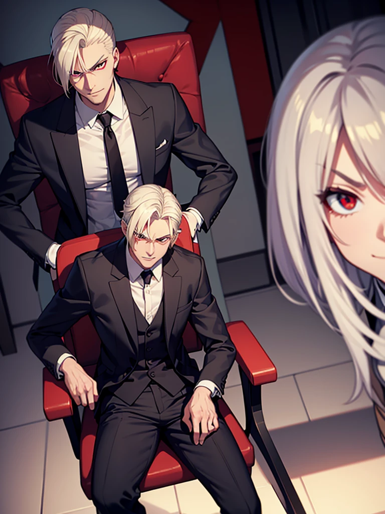 Tall angry man in a suit, Sit on a chair, Pants bulge, Low angle shot, Wicked Smile, Platinum Blonde Hair, Red eyes, Focus on the bulge, Bright Eyes