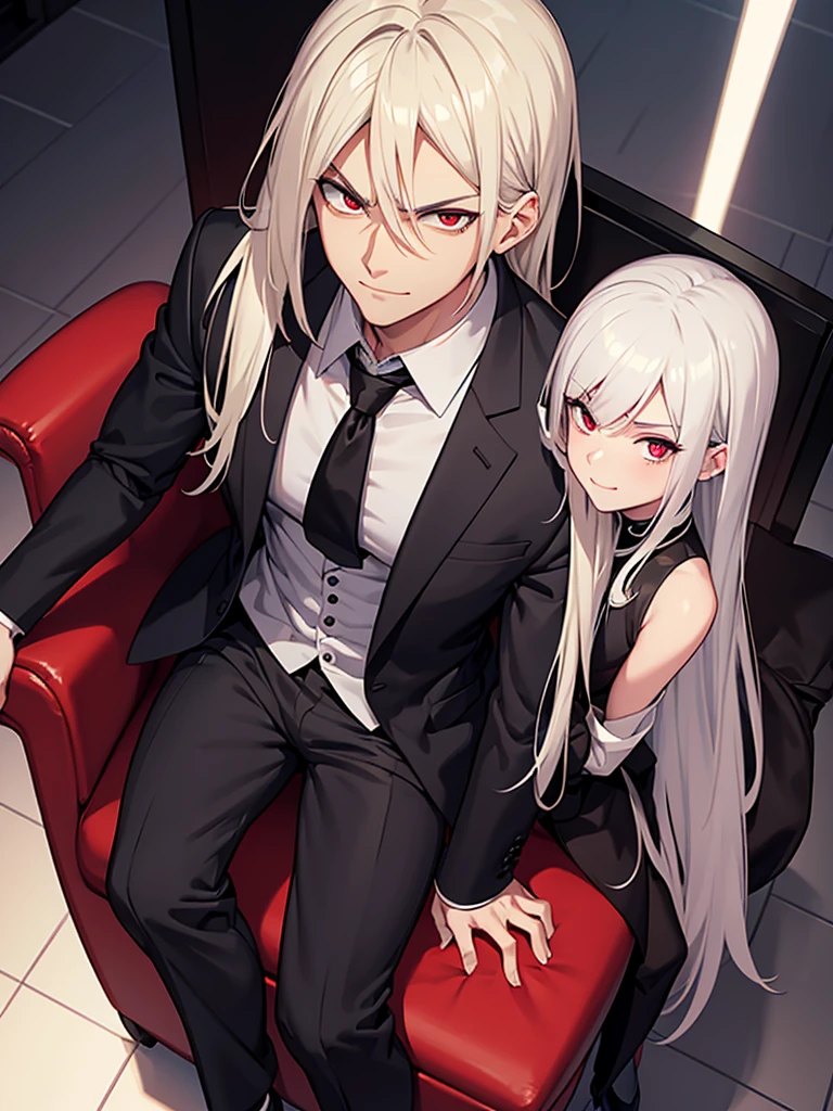 Tall angry man in a suit, Sit on a chair, Pants bulge, Low angle shot, Wicked Smile, Platinum Blonde Hair, Red eyes, Focus on the bulge, Bright Eyes