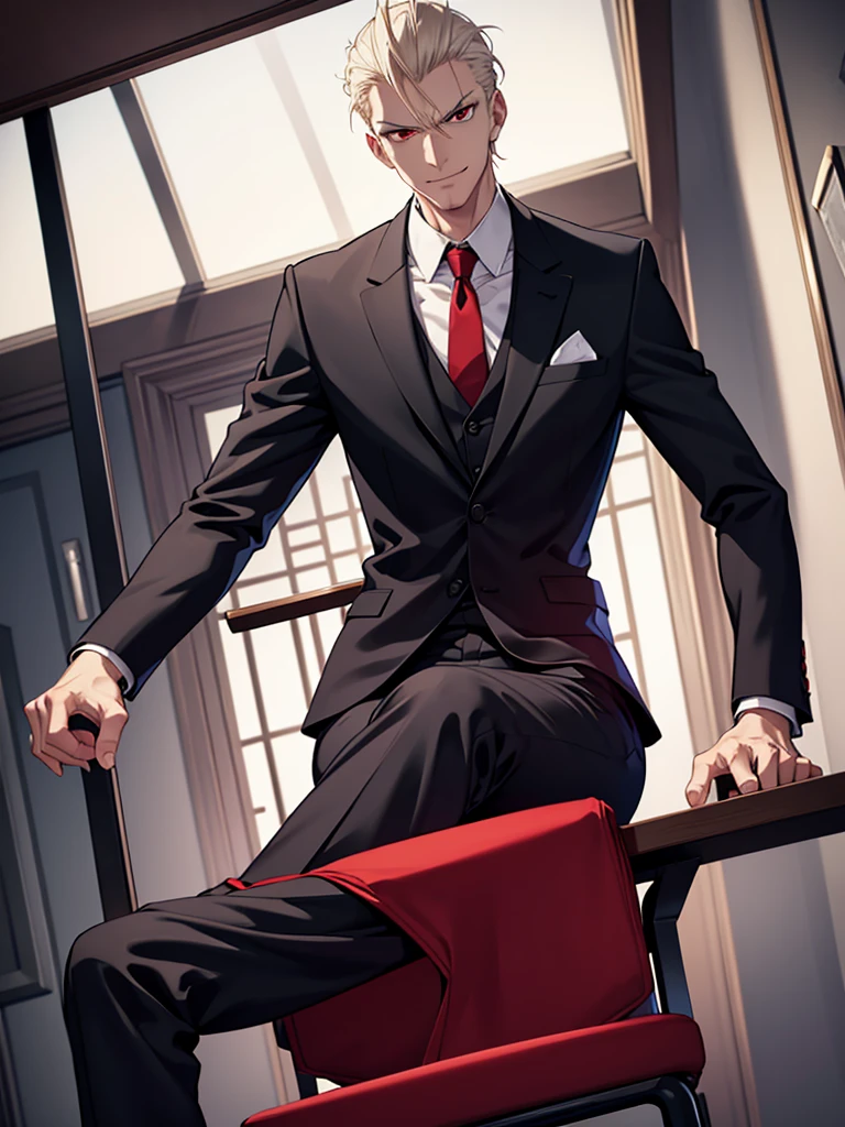 Tall angry man in a suit, Sit on a chair, Pants bulge, Low angle shot, Wicked Smile, Platinum Blonde Hair, Red eyes, Focus on the bulge, Bright Eyes