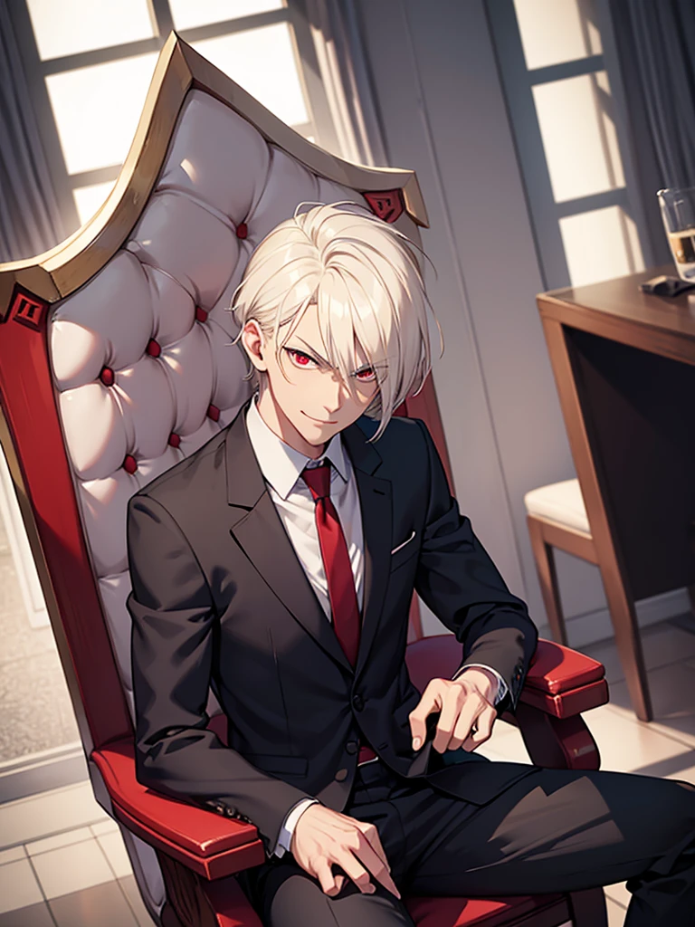 Tall angry man in a suit, Sit on a chair, Pants bulge, Low angle shot, Wicked Smile, Platinum Blonde Hair, Red eyes, Focus on the bulge, Bright Eyes