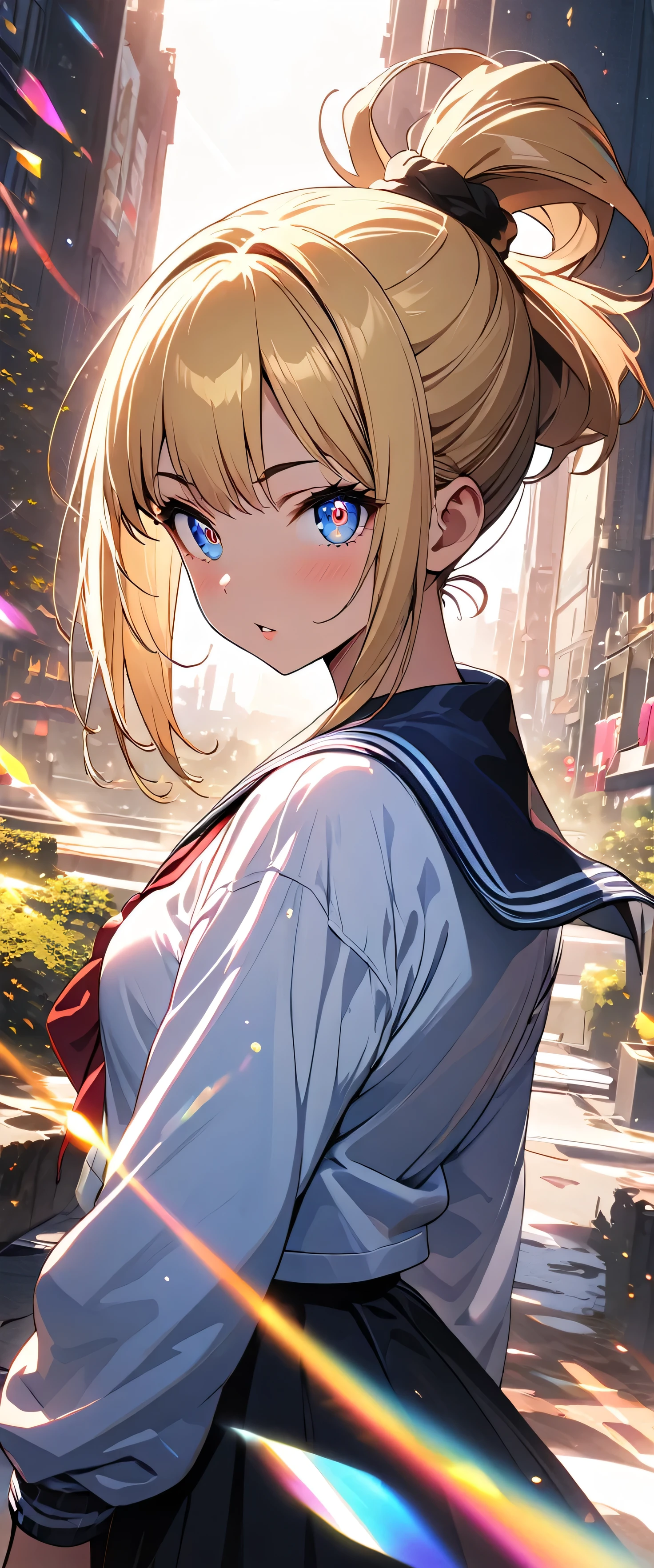 (beautiful girl: 1.3),1girl,masterpiece, Highest quality, Ultra-high resolution,rich contrast,super high quality,8k,Highly detailed CG unit wallpaper,texture,Incredibly absurd,Ultra-high resolution,RAW Photos,Highest quality anime,Depth of Field 1.2,(Blonde Hair,Top knot),Ultra-detailed eyes,Glowing Skin,Glitter effect,Beautiful glossy lips,thick bluish eyeshadow, thin eyebrows, thick black eyeliner, Highlighted eyes with eyeliner, false eyelashes,((cherry blossom)),(Cherry Blossom Snowstorm),Long sleeve,Sailor suit,surprised,Thin eyebrows,overlooking,(magnificent panorama view:1.3),