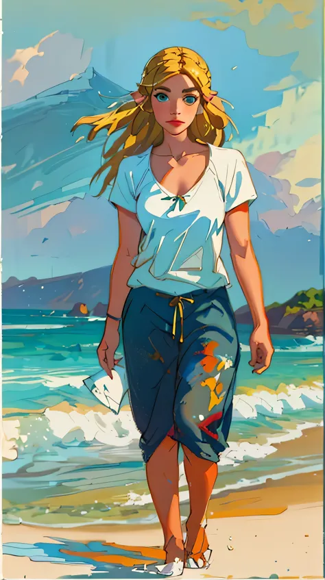 a painting of a woman walking on a beach with a book, fully clothed. painting of sexy, painting of beautiful, girl on the beach,...