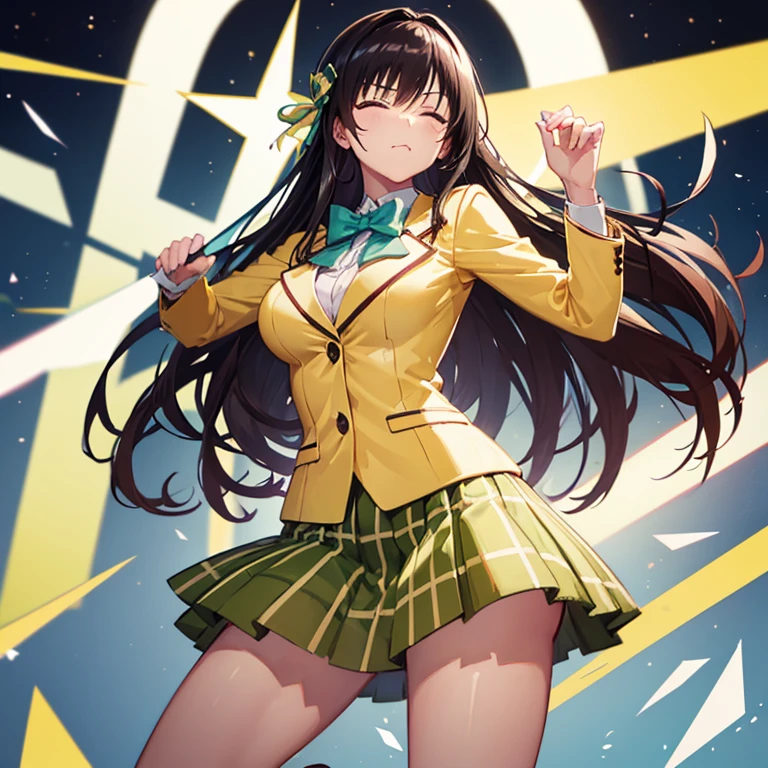 masterpiece, Best Quality, defYui, Yellow blazer, Long sleeve, Green bow tie, Plaid mini skirt, Large Breasts, Eyes closed, Open your mouth, Frowning, Infuriating, Put your hands on your hips, Staring at the viewer, , corridor, fist