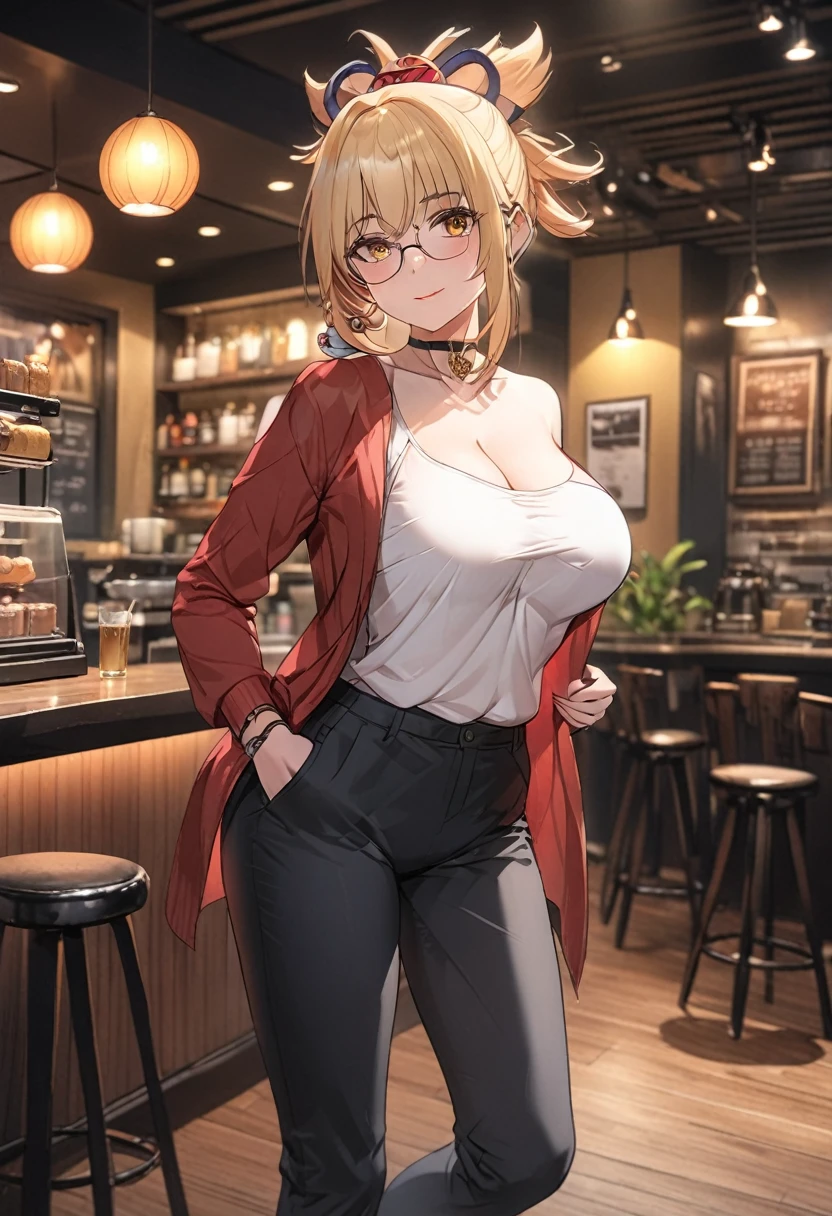 a mature woman with long tied black hair, wearing a white polo and black necktie, fitted pants, tall with long legs, full body shot, hands in pockets, adult-like look, cafe background, (best quality,4k,8k,highres,masterpiece:1.2),ultra-detailed, portrait,HDR,UHD,studio lighting,ultra-fine painting,sharp focus,physically-based rendering,extreme detail description,professional,vivid colors,bokeh, (\xiao gong\), full body, blonde hair,ponytail, hair ornament,yellow eyes,choker, cleavage,chestwhole body , solo, 1 person, full body 1women ,4k, 8k, uhd, hdr, detailed background,mature female, wearing round glasses, full body, indoors