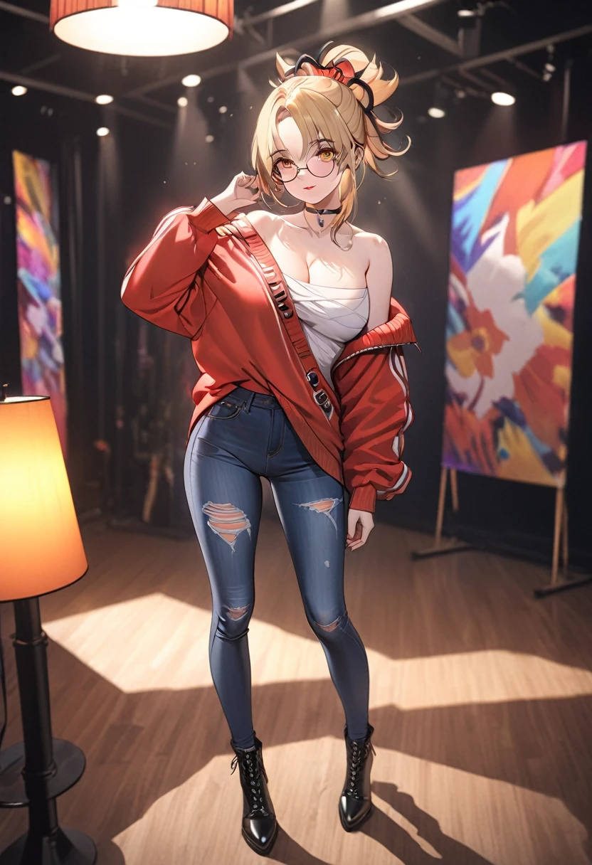 A stylish oversized sweater with a graphic design, skinny jeans, fashionable boots, beautiful detailed face, beautiful detailed eyes, beautiful detailed lips, highly detailed,8k, highres, masterpiece, ultra-detailed, studio lighting, vivid colors, fashion, trending, stylish, elegant, cinematic lighting,full body , (\xiao gong\), full body, blonde hair,ponytail, hair ornament,yellow eyes,choker, cleavage,chestwhole body , solo, 1 person, full body 1women ,4k, 8k, uhd, hdr, detailed background,mature female, wearing round glasses,
