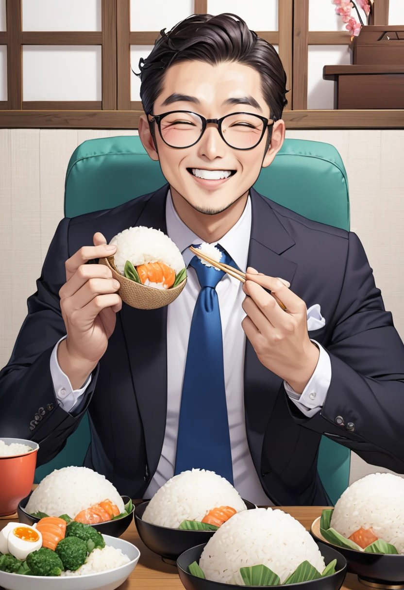 Japanese businessman wearing glasses、Eating rice balls happily