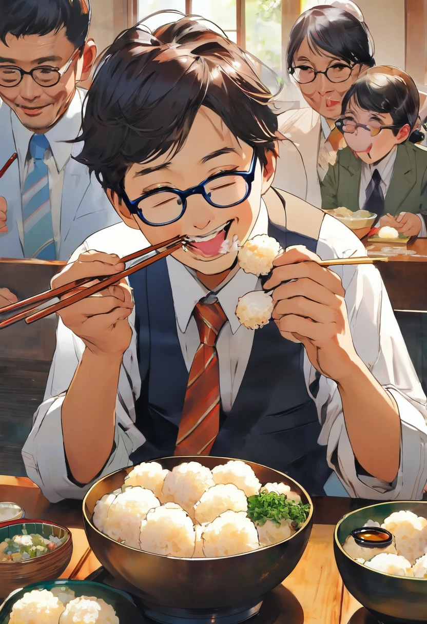 Japanese businessman wearing glasses、Eating rice balls happily