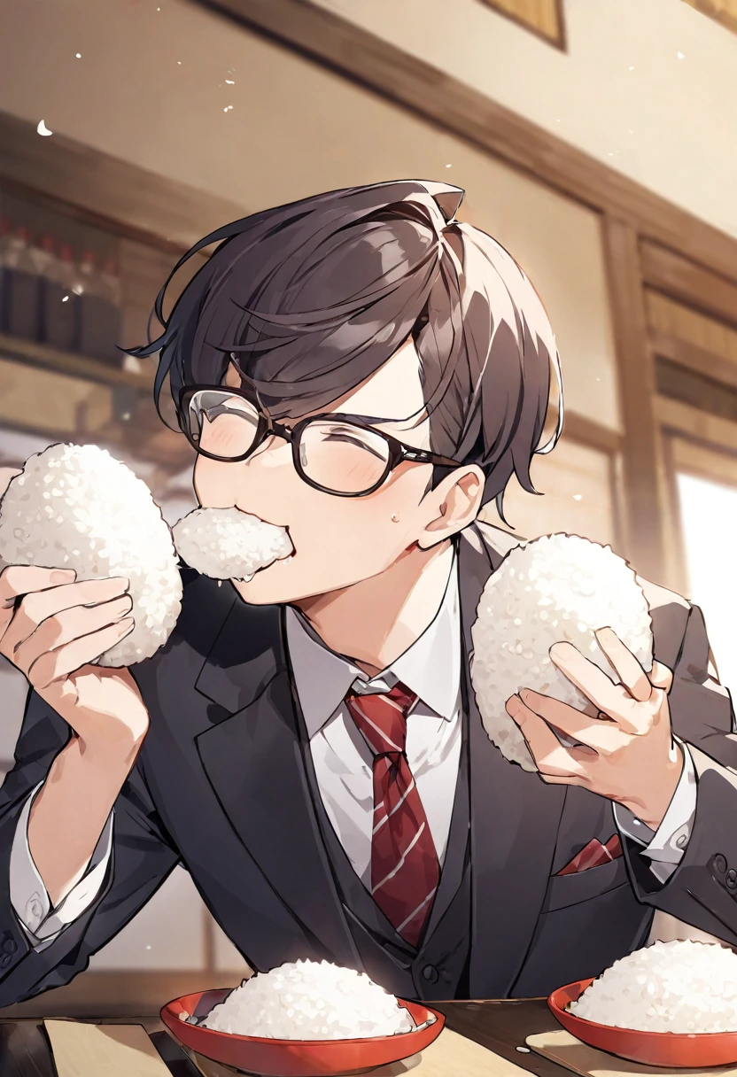 Japanese businessman wearing glasses、Eating rice balls happily