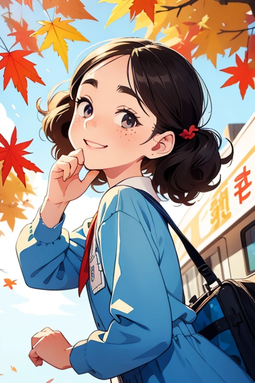 masterpiece，Best Quality，Cute doodles，Cheerful, Honor student，Young ，baby face，Very short stature，Flat Chest，Thin thighs，Curly Hair, Twin tail hair，Vibrant, Curious eyes，Freckles，Thick eyebrows，Open Fly，Waiting for the train in front of a small station，Jojo Fashion，smile，Red cheeks，A little embarrassing，Early autumn，blue sky，Sardine cloud，autumn leaves，bright，Low Angle，bright色，watercolor，Accurate and detailed female fingers，Petting a cat，