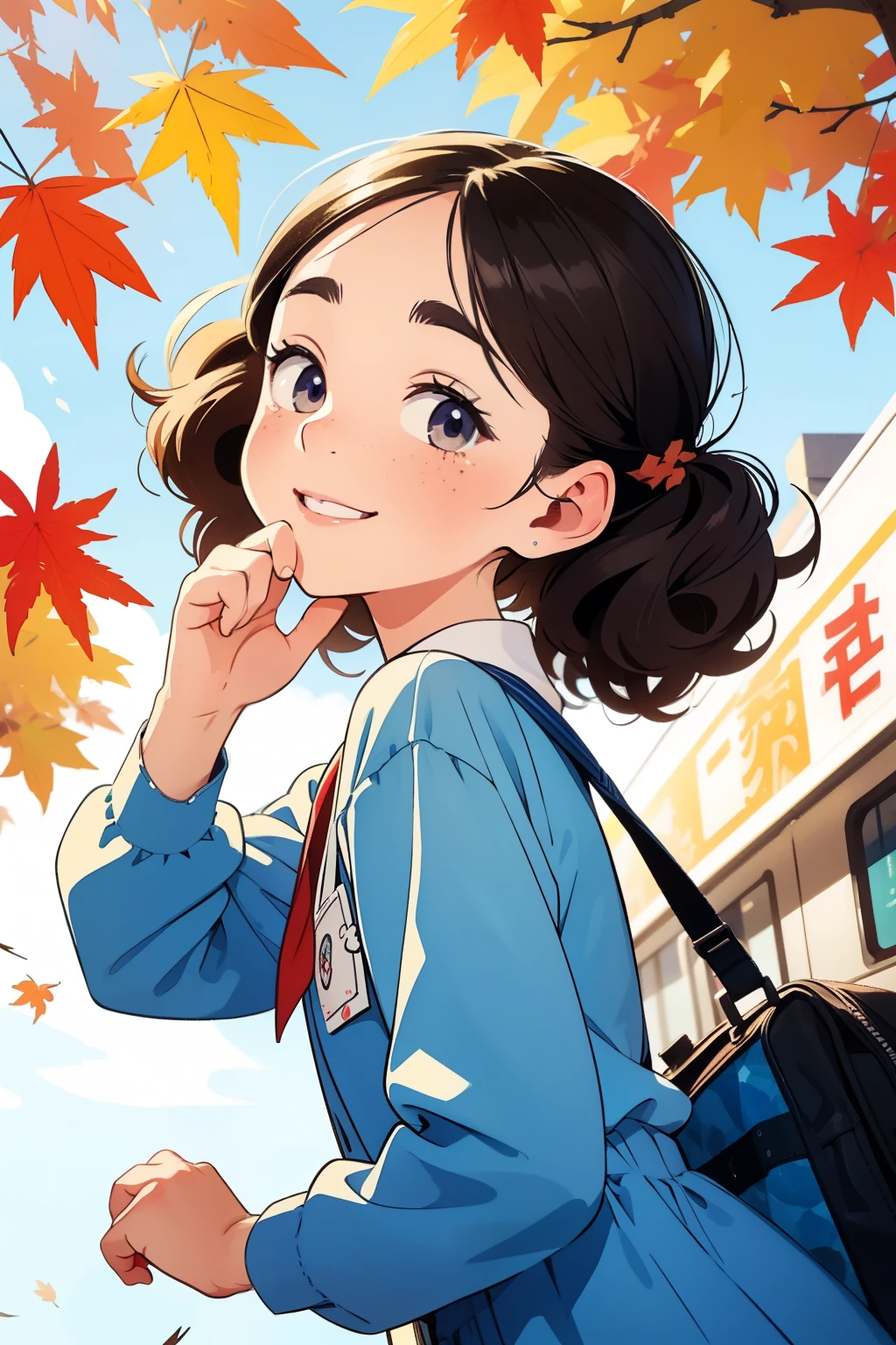 masterpiece，Best Quality，Cute doodles，Cheerful, Honor student，Young ，baby face，Very short stature，Flat Chest，Thin thighs，Curly Hair, Twin tail hair，Vibrant, Curious eyes，Freckles，Thick eyebrows，Open Fly，Waiting for the train in front of a small station，Jojo Fashion，smile，Red cheeks，A little embarrassing，Early autumn，blue sky，Sardine cloud，autumn leaves，bright，Low Angle，bright色，watercolor，Accurate and detailed female fingers，Petting a cat，