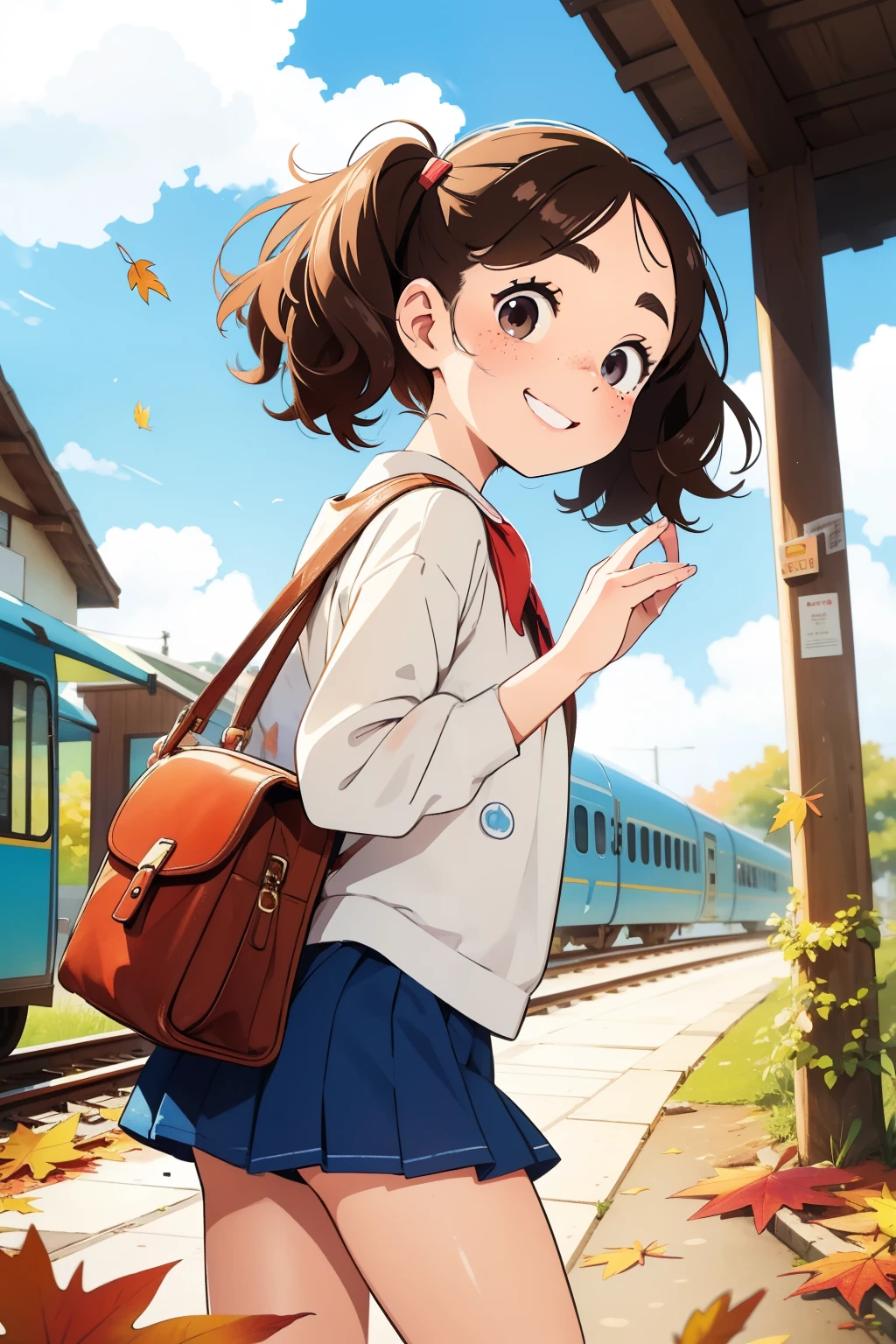 masterpiece，Best Quality，Cute doodles，Cheerful, Honor student，Young ，baby face，Very short stature，Flat Chest，Thin thighs，Curly Hair, Twin tail hair，Vibrant, Curious eyes，Freckles，Thick eyebrows，Open Fly，Waiting for the train in front of a small station，Jojo Fashion，smile，Red cheeks，A little embarrassing，Autumn，blue sky，Sardine cloud，autumn leaves，bright，Low Angle，bright色，watercolor，Accurate and detailed female fingers，Petting a cat，