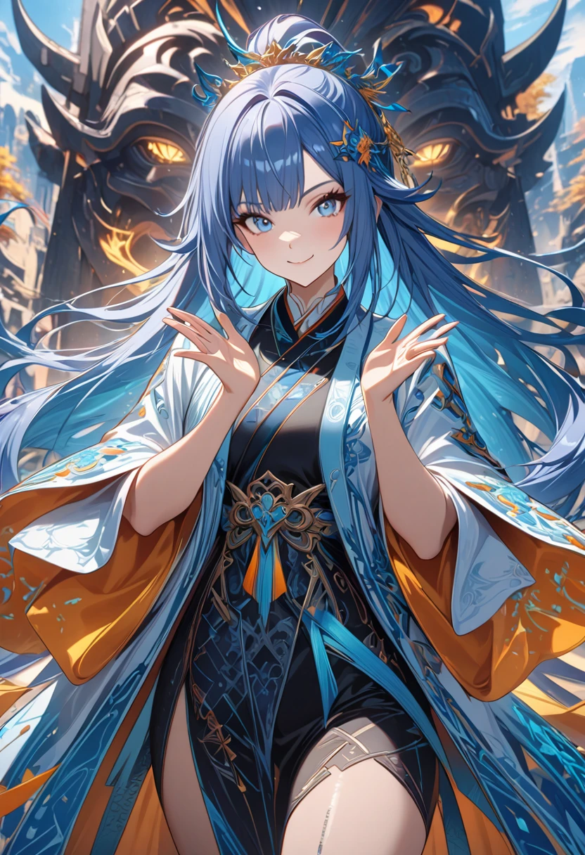 1girl,solo focus,blue hair,very long ponytail hair,Cathy hand gesture,smile,looking at viewer,bright color,vivid color,haori,other hand is holding sword,style_ethereal_fantasy, visual appealing, synced, intricate character design, mystical,gloss