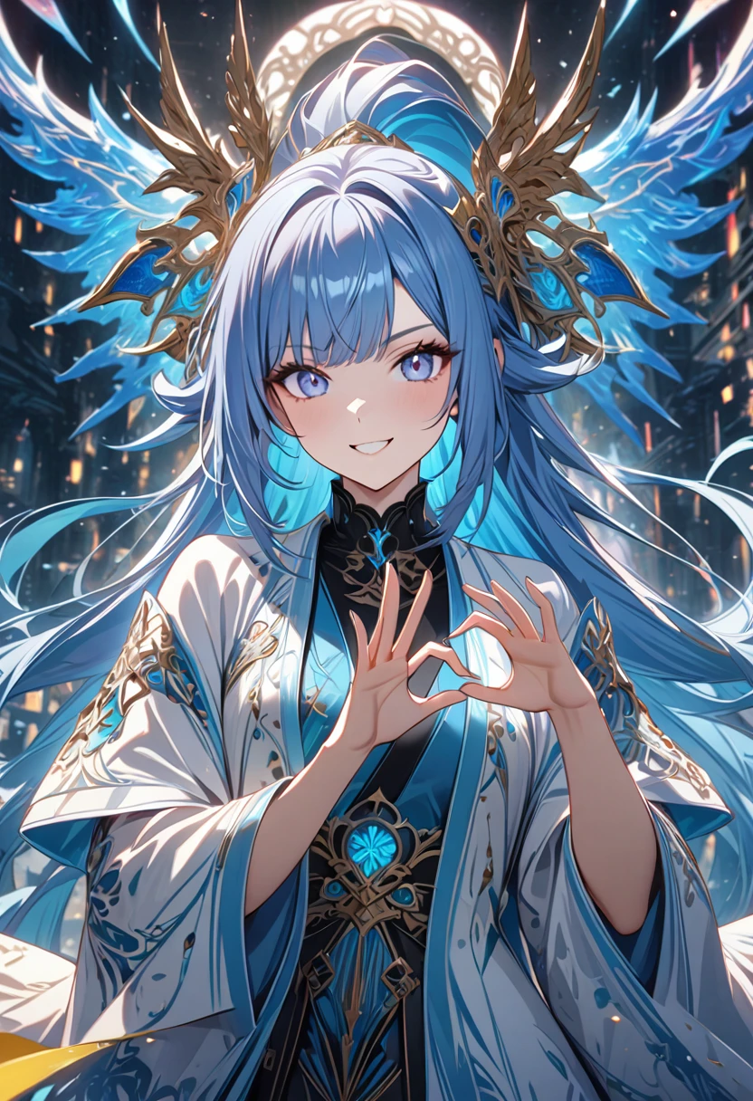 1girl,solo focus,blue hair,very long ponytail hair,Cathy hand gesture,smile,looking at viewer,bright color,vivid color,haori,other hand is holding sword,style_ethereal_fantasy, visual appealing, synced, intricate character design, mystical,gloss