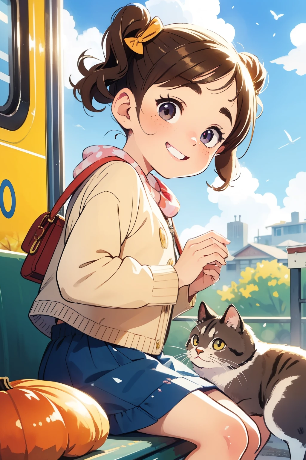 masterpiece，Best Quality，Cute doodles，Cheerful, Honor student，Young ，baby face，Very short stature，Flat Chest，Thin thighs，Curly Hair, Twin tail hair，Vibrant, Curious eyes，Freckles，Thick eyebrows，Open Fly，Waiting for the train in front of a small station，Jojo Fashion，smile，Red cheeks，A little embarrassing，Autumn，blue sky，Sardine cloud，autumn leaves，bright，Low Angle，bright色，watercolor，Accurate and detailed female fingers，Petting a cat，