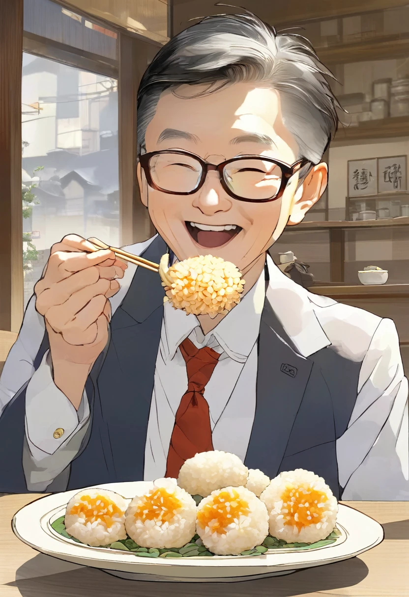 Japanese businessman wearing glasses、Eating rice balls happily