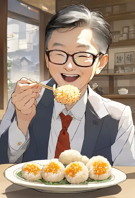 japanese businessman wearing glasses、eating rice balls happily