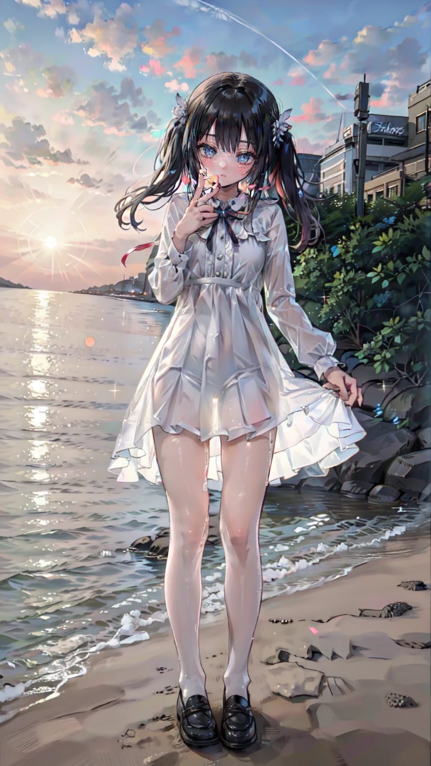 1 girl, Being on the beach, Full Body Standing, Sexy pose, Sunshine Beam, blue sky, White cute bikini, Shiny reflective clothing, Moderate Blessings, Long silver hair, Twin tail hair, Drop your eyes, Drop Smile, Wet, Splash, water, Dutch Angle, Lenz Flare, Written boundary depth, twist, Bokeh, Glitter Effect,