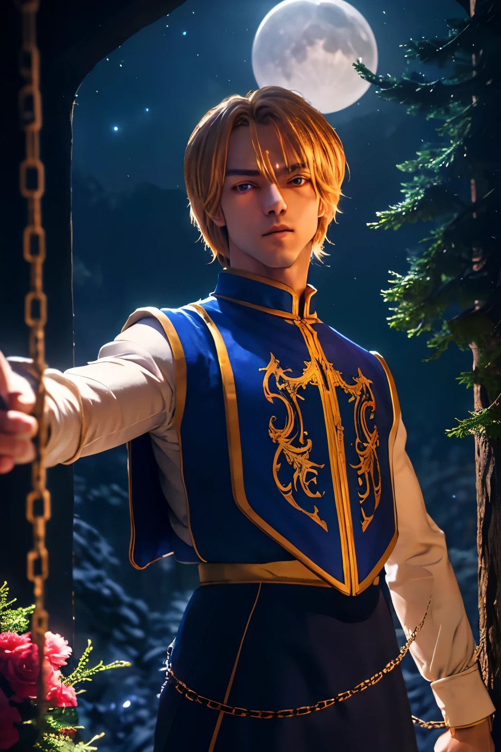 Kurapika, 1boy, masterpiece, realistic, absurdres, best quality, high resolution, very handsome, perfect face, cute face, intricate detail, red eyes, clear and beautiful detailed eyes, blue tabard, white shirt, gold trim, chains flying, slim muscular, handsome muscle, detailed skin, perfect hand, good anatomy, looking at camera, action scene, dynamic pose, fantasy, night, tree, Moonlight at night, wilderness, flowers, skynight, studio lighting, soft light, upper body portrait, front view, Professional photography, 8K UHD,