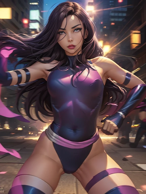 ((SUPERHEROINE PSYLOCKE )) , ((She has long hair)), (She is wearing her uniform), (masterpiece, best quality) 1girl, Alone, (sexy, Pretty woman, Perfect face, perfect eyes), image of 1/2 body , (PSYLOCKE, ahegao, rolling eyes), dynamic pose, superhero battle pose. . ((((action)))), ((movement)), (((motion))), ((dynamic)), background, a city in the night, city lights, blur background.
