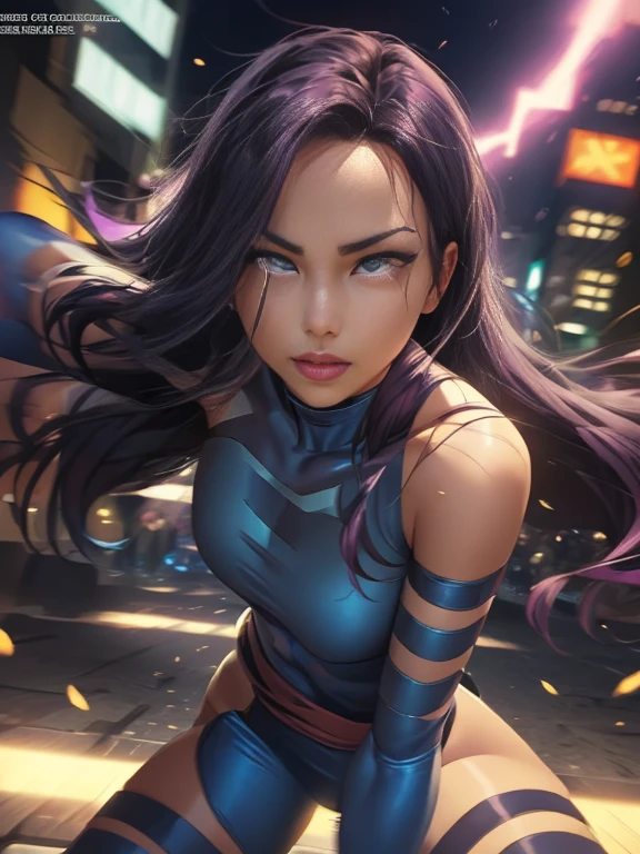 ((SUPERHEROINE PSYLOCKE )) , ((She has long hair)), (She is wearing her uniform), (masterpiece, best quality) 1girl, Alone, (sexy, Pretty woman, Perfect face, perfect eyes), image of 1/2 body , (PSYLOCKE, ahegao, rolling eyes), dynamic pose, superhero battle pose. . ((((action)))), ((movement)), (((motion))), ((dynamic)), background, a city in the night, city lights, blur background.
