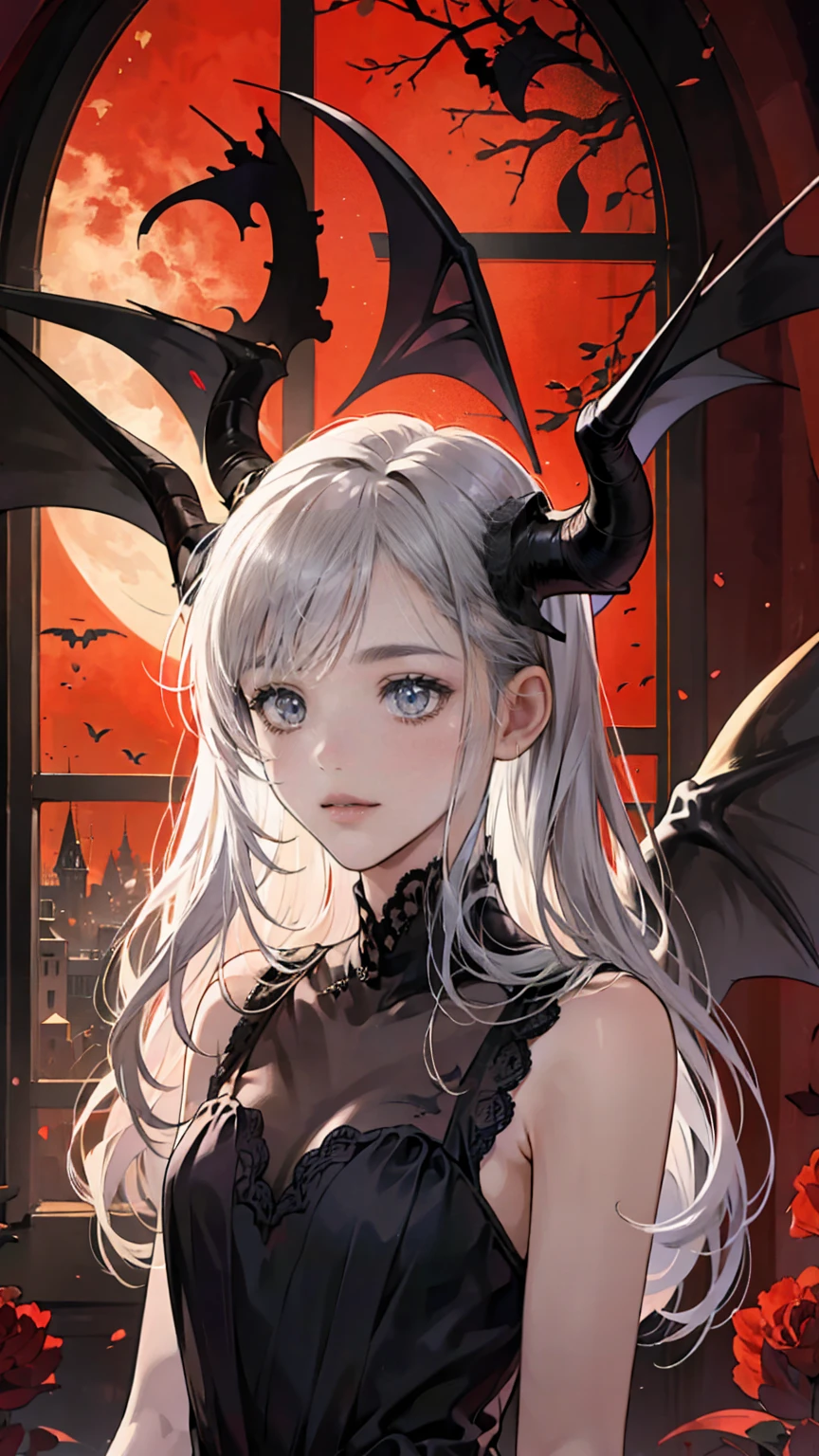 Highly detailed wallpaper, Extremely detailed, Detailed Shadows, Very accurate and detailed, Highly detailed 8K wallpapers, Very beautiful 8K CG wallpaper,Old ruined church. . Her black dress is torn，There are stains in many places. Her Gray Hair is dull, Long and Disturbed. Light shines through a broken stained glass window。.Demon horns on head.It has bat wings on its back.tooth,(Best Writing, Very delicate and beautiful),(Best Writing, Very delicate and beautiful), (Beautiful and delicate face), (Detailed eyes and detailed face:1.2), Dark fantasy,  Alone, Cute Smile, Gray Hair, Dynamic Angle, vampire), (gaint vampire castle in background),  (Red Moon, Red Sky), pointed_, tooth, Devil&#39;s Wings, Devil horns, There is blood on the face, Blood Rain, Blood Mist, (Depth of written boundary), High Contrast, (Blood splatter:1.4), Cowboy Shooting, whole body,Little b doll