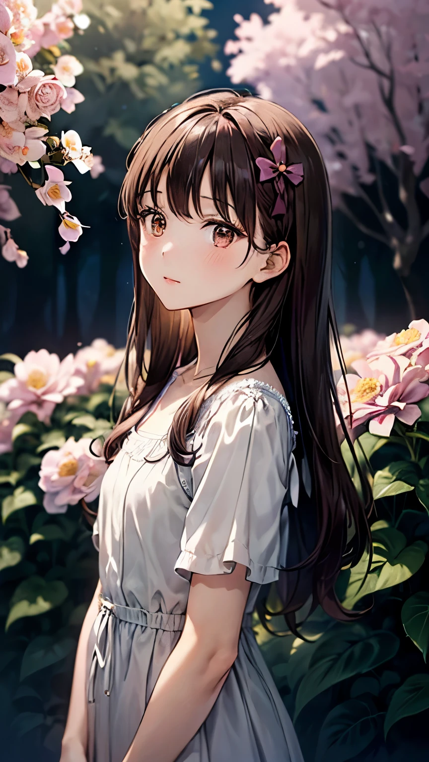 An anime-style girl with straight medium-length dark brown hair and soft brown eyes without highlights, wearing a simple and neat pastel-colored dress with a small ribbon in her hair. She stands alone in a tranquil garden surrounded by blooming flowers, displaying a dark, melancholic expression. High detail, soft lighting, calm atmosphere.