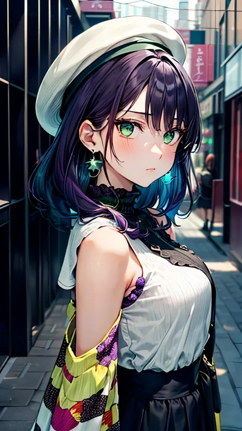 an anime-style girl with short deep purple hair and bright green eyes without highlights, wearing a colorful and trendy outfit w...