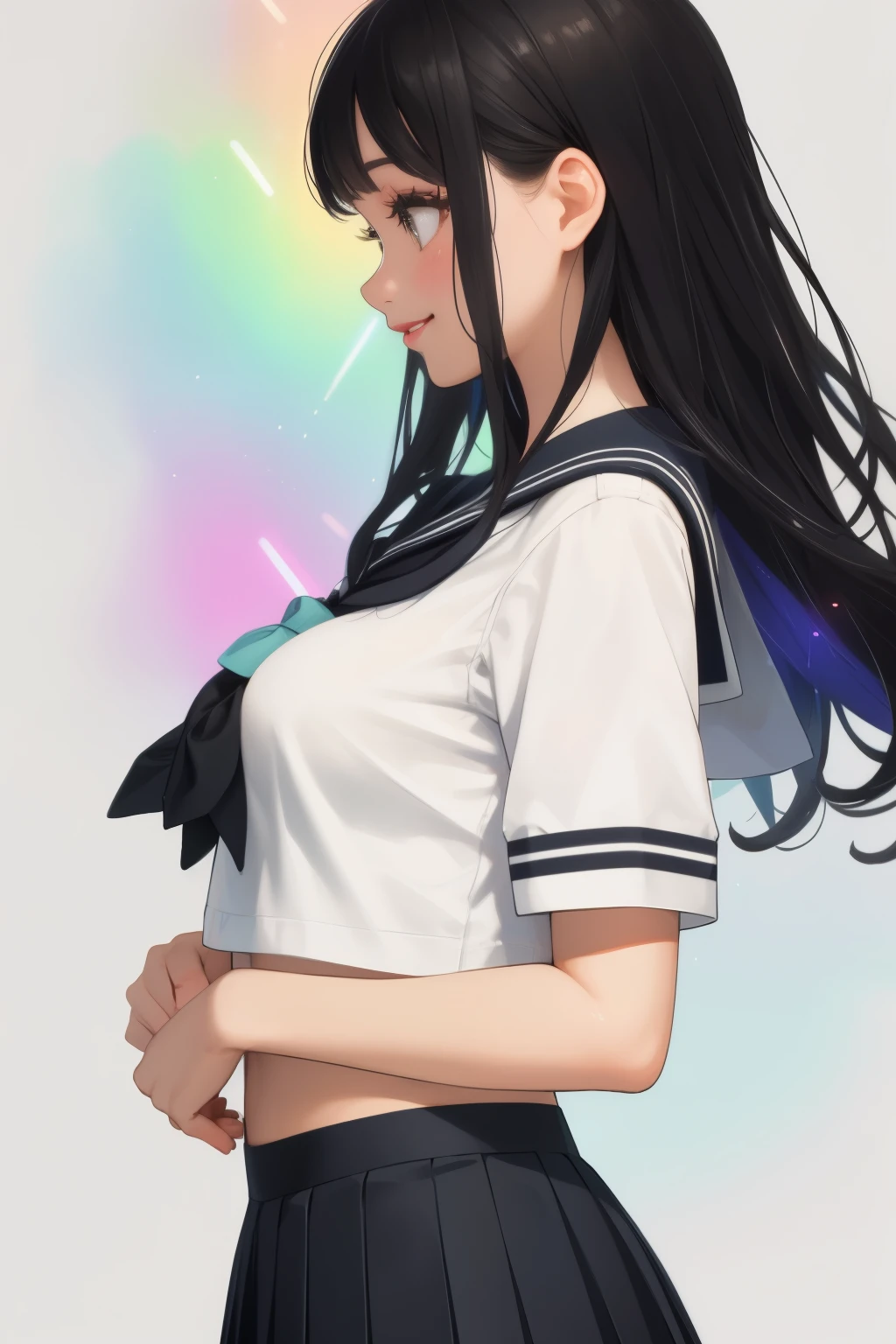 (Best Quality，32K High Resolution，masterpiece:1.2), Very detailed，1 person， Young ，(ＪＣ，Sailor suit，Pleated skirt)，(Long, straight black hair)，Select underwear，profile，smile，Hopeful，Cute underwear neatly arranged，Colorful underwear，Light up，Soft and delicate texture，Impressive，Bright colors彩，Delicate fabric，Attention to detail，Attention to beautiful details，Beautiful lip detail，Long eyelashes，Bright colors，Soft and warm colors，