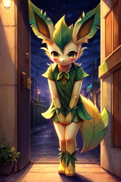 1girl, 1, leafeon, furry, anime, looking at viewer, detailed street background, evening, standing in the doorway, sad face, shy pose, blush, pokemon, eeveelution, yellow fur with green parts, anthropomorphic character, clothed