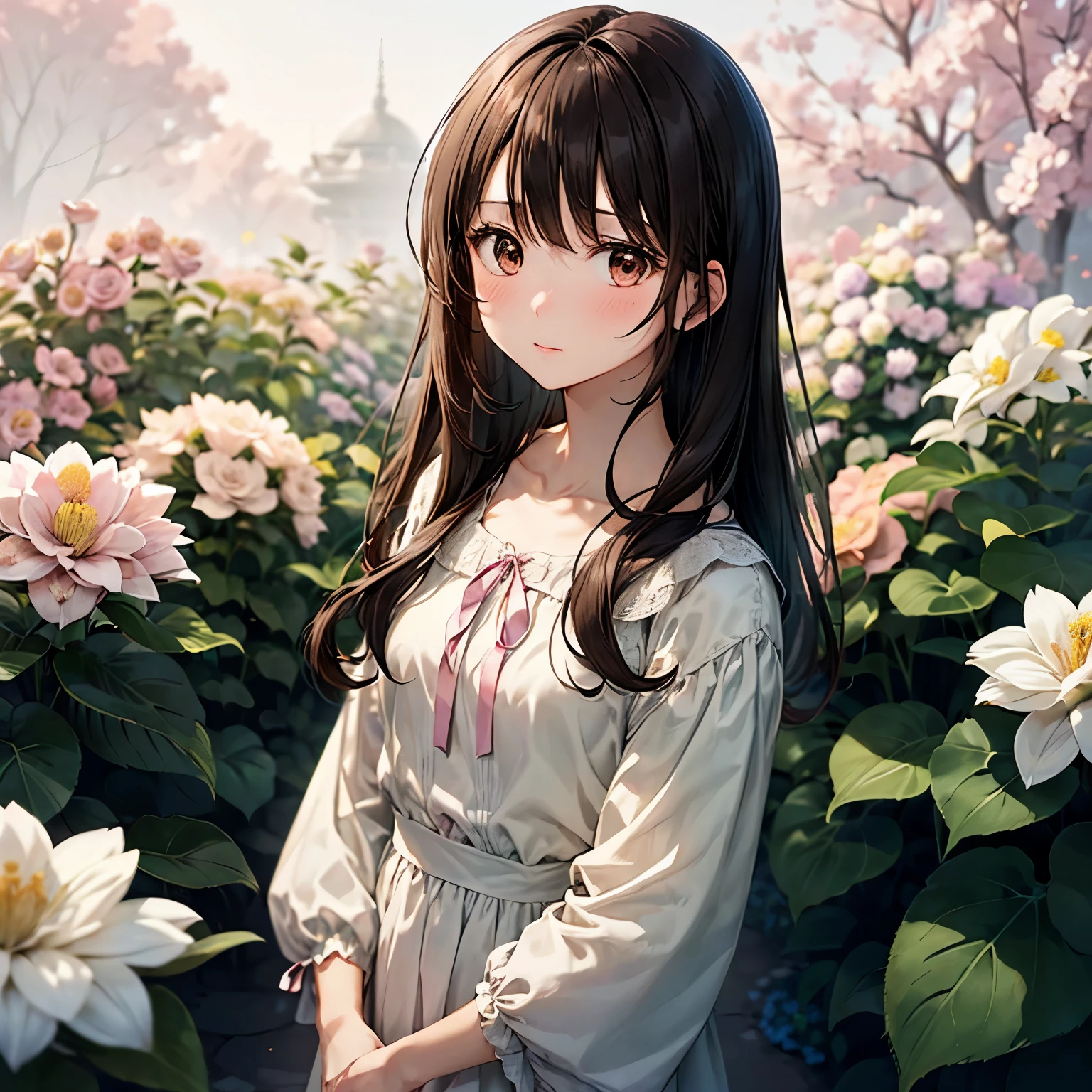 An anime-style girl with straight medium-length dark brown hair and soft brown eyes without highlights, wearing a simple and neat pastel-colored dress with a small ribbon in her hair. She stands alone in a tranquil garden surrounded by blooming flowers, displaying a dark, melancholic expression. High detail, soft lighting, calm atmosphere.