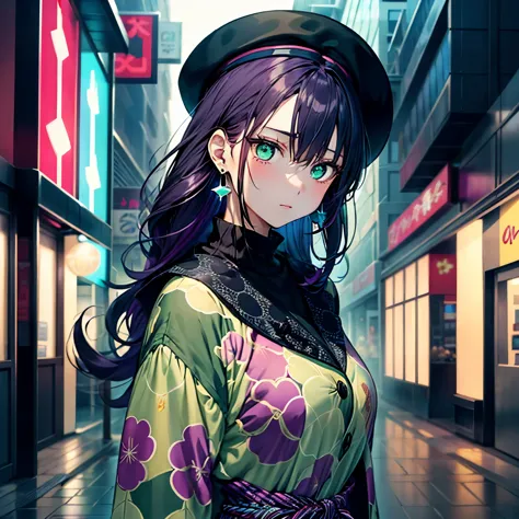 an anime-style girl with short deep purple hair and bright green eyes without highlights, wearing a colorful and trendy outfit w...