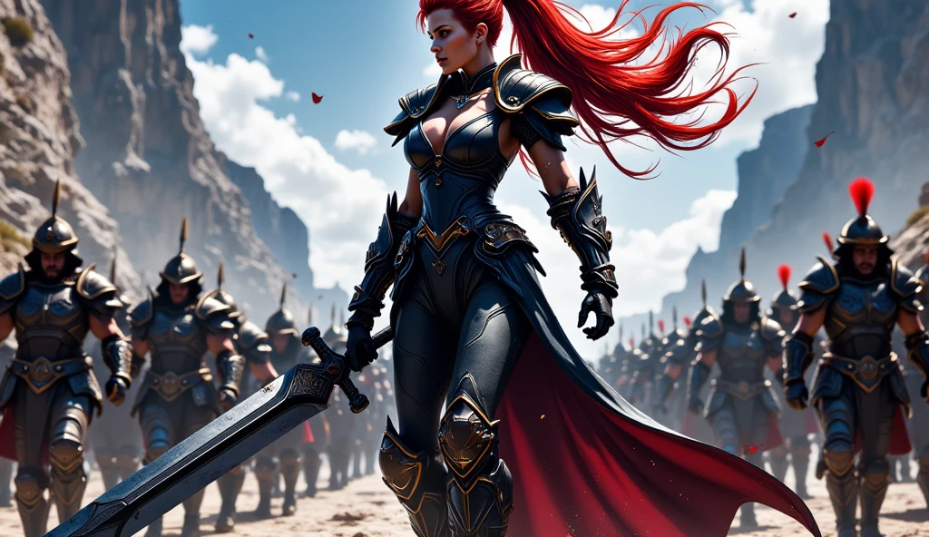 Dark fantasy, horror, a woman barbarian with a mohawk hairstyle and long hair in back , redhead, wearing a minimal leather suit, holding a long two-handed sword, barbarian army on background on march to battle, detailed fantasy movie poster, immersive background, toned color palette, (best quality,4k,8k,highres,masterpiece:1.2),ultra-detailed,(realistic,photorealistic,photo-realistic:1.37),HDR,studio lighting,extremely detailed description,professional,Dark fantasy, doomy, moody, concept art, ARW