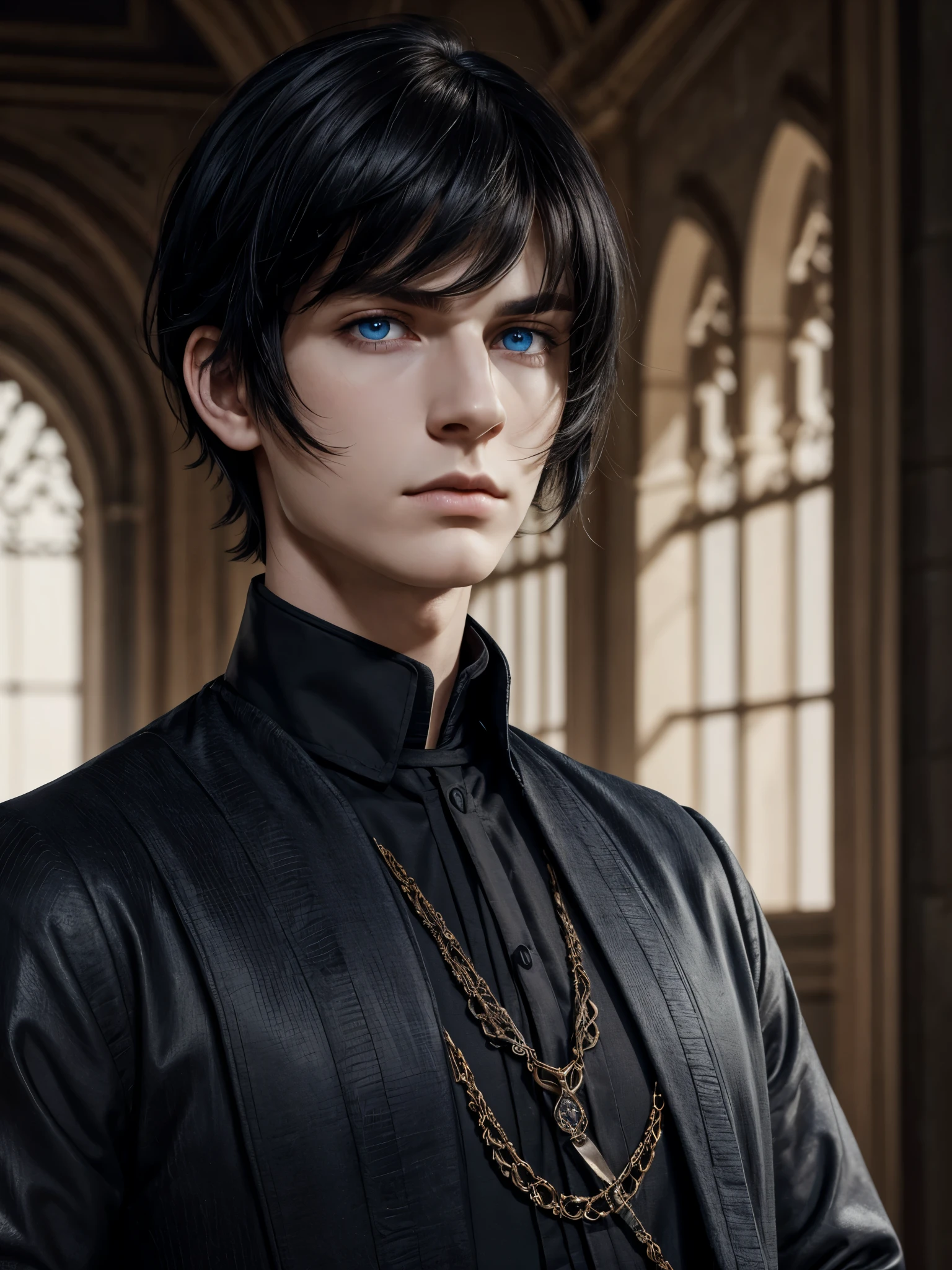 (best quality), 1boy, Male, pale skin, black hair, short hair, swept bangs, tousled hair, blue eyes, perfect eyes, strong jawline, scowl, royal clothes, (dark fantasy), gothic, masterpiece, anatomically correct, highres
