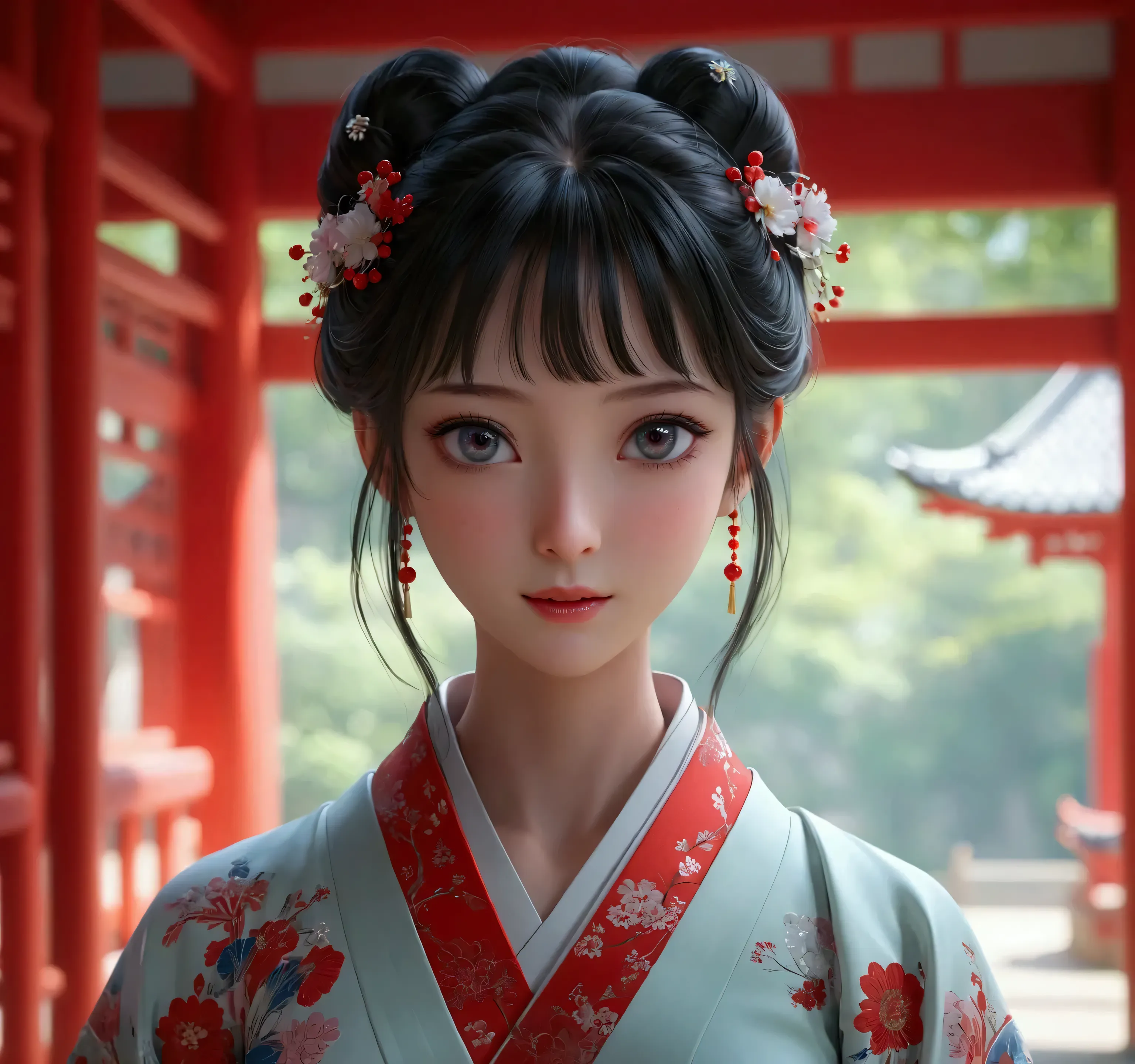 there is a woman with a flowered hair piece in a red and white dress, palace ， a girl in hanfu, realistic anime 3 d style, 3 d a...