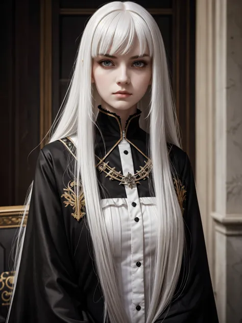 (best quality), 1girl, female, pale skin, split-color hair, black hair, white hair, long hair, parted bangs, straight hair, dark...